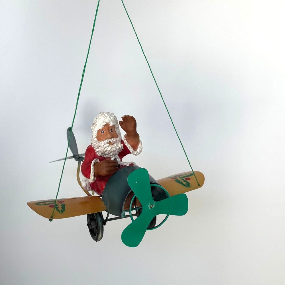 Rare Vintage Santa in Plane Metal Mobile Christmas Ornament